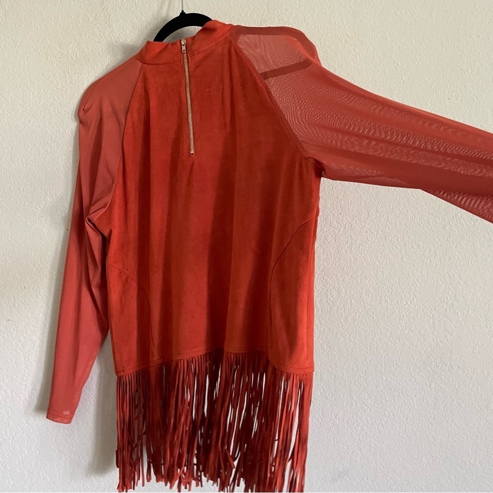 Midnight Velvet woman fringe orange top size XL sheer sleeve chic western - Picture 8 of 11